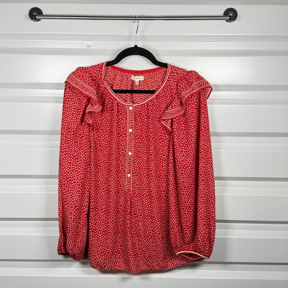 Max Studio Blouse Womens Large Red Floral Ruffle Henley Long Sleeve